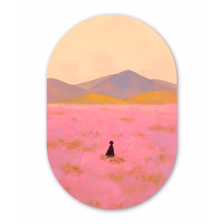 Bloemenweide - Heuvels - Silhouet - Roze Wandcirkel Ovaal Forex klein -3d
