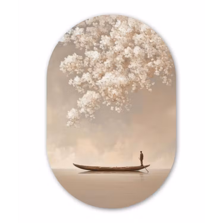 Bloesems - Wit - Boot - Minimalistisch Wandcirkel Ovaal Forex klein -3d