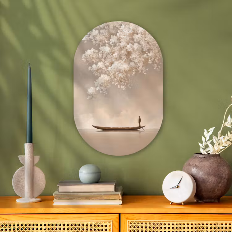 Bloesems - Wit - Boot - Minimalistisch Wandcirkel Ovaal Forex klein -sfeer2