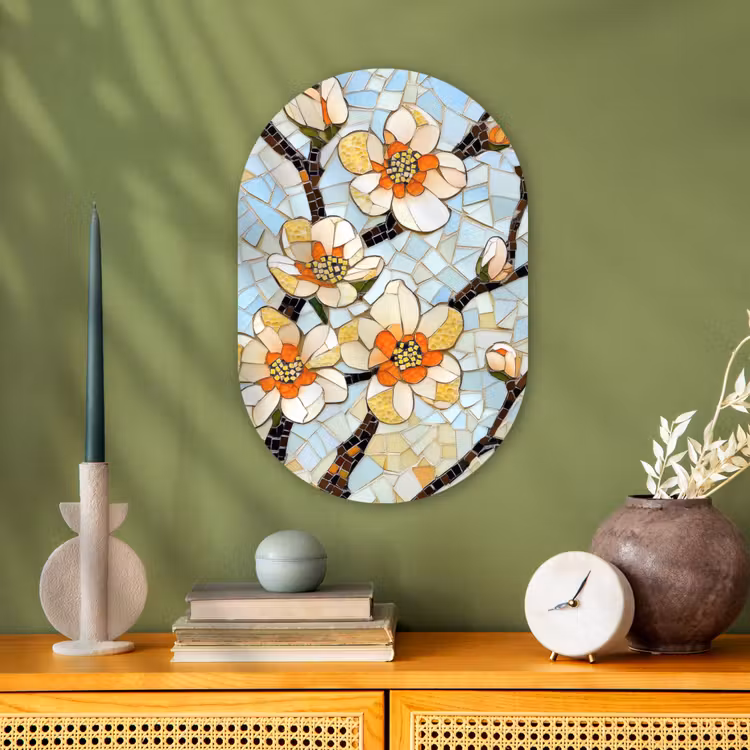 Bloesems - Wit - Mozaïek - Tak Wandcirkel Ovaal Forex klein -sfeer2