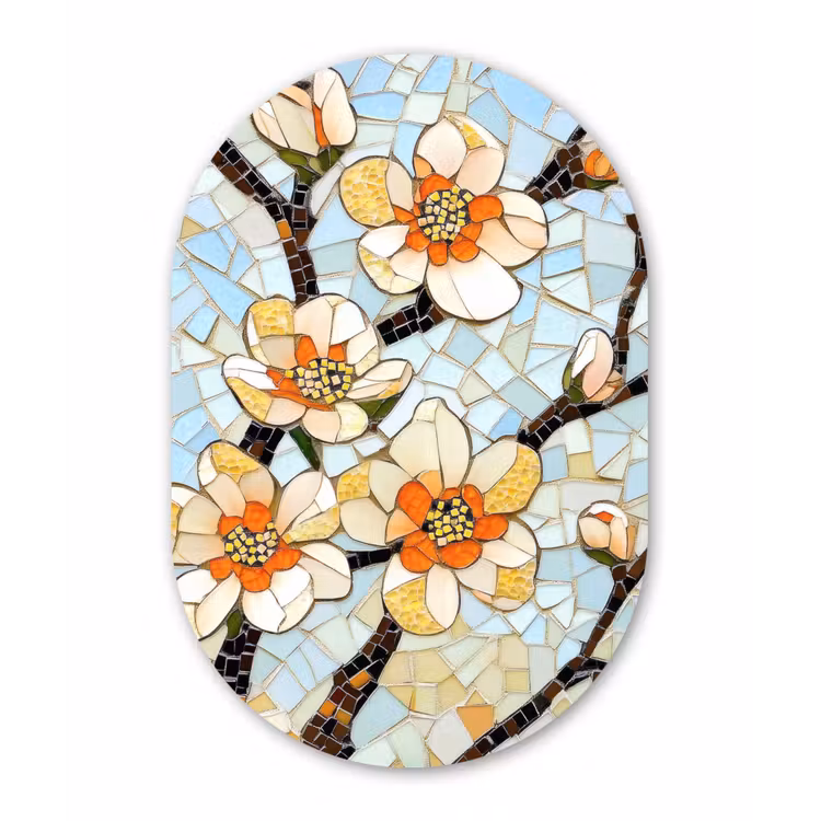 Bloesems - Wit - Mozaïek - Tak Wandcirkel Ovaal Forex klein -3d