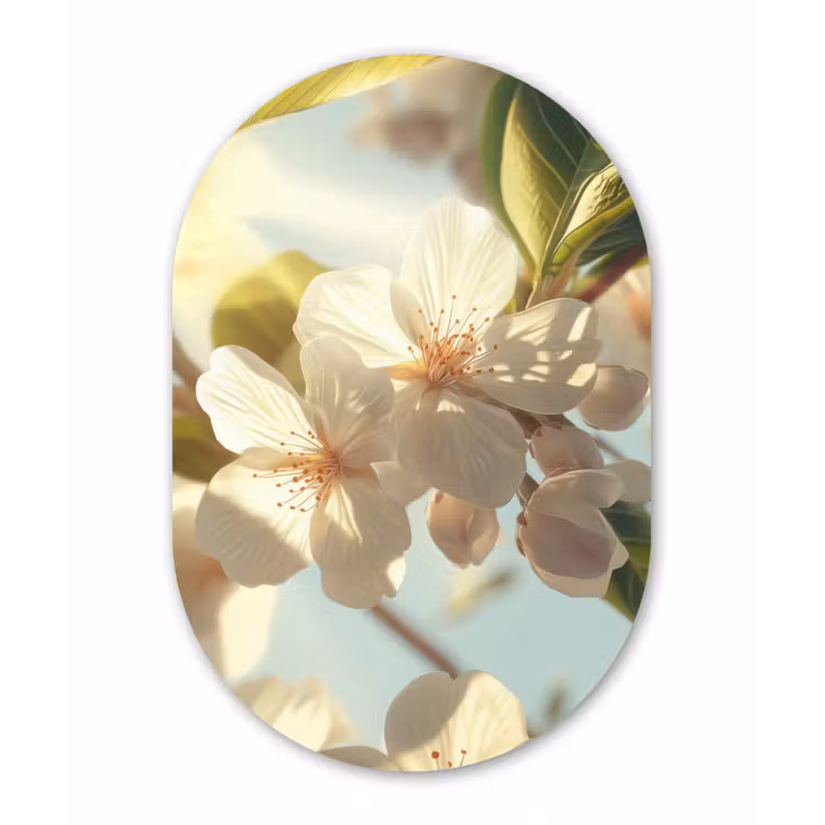 Bloesems - Wit - Zonnestralen -  Bloemblaadjes Wandcirkel Ovaal Forex klein -3d