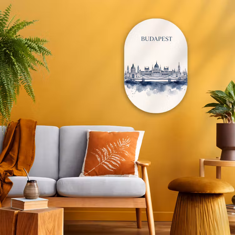 Boedapest - Skyline - Architectuur - Aquarel - Blauw Wandcirkel Ovaal Forex klein -sfeer4
