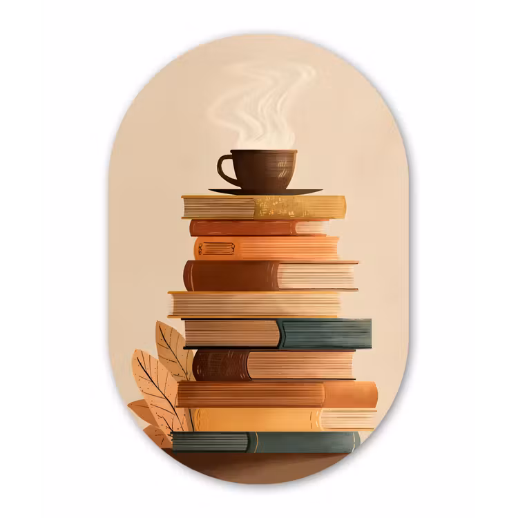 Boeken - Toren - Koffie - Beige Wandcirkel Ovaal Forex klein -3d