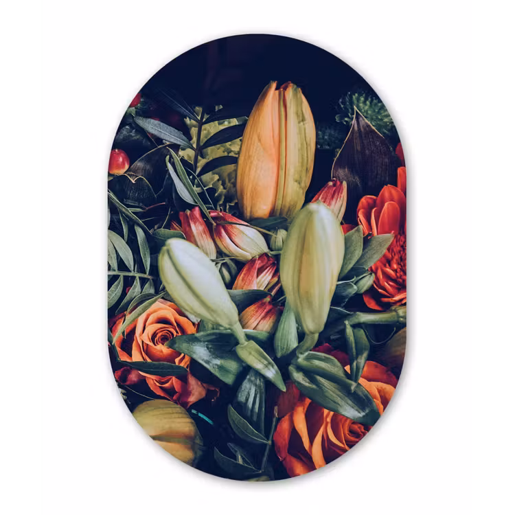 Boeket - Stilleven - Bloemen - Planten - Rood Wandcirkel Ovaal Forex klein -3d