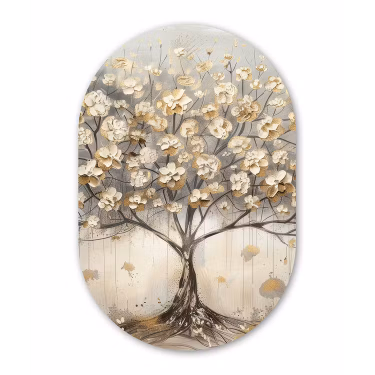 Boom - Beige - Goud - Verflook - Grijs Wandcirkel Ovaal Forex klein -3d