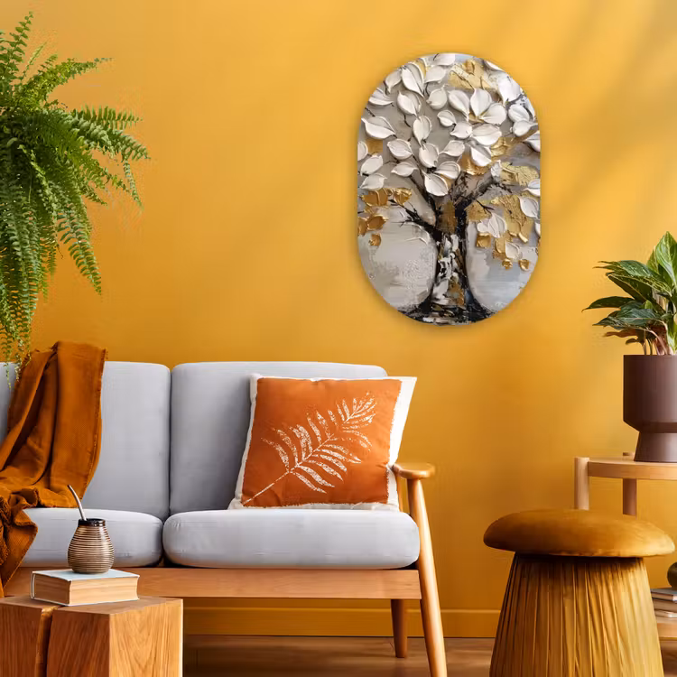 Boom - Beige - Grijs - Goud - Abstract Wandcirkel Ovaal Forex klein -sfeer4
