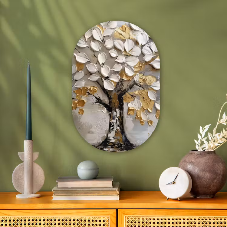 Boom - Beige - Grijs - Goud - Abstract Wandcirkel Ovaal Forex klein -sfeer2