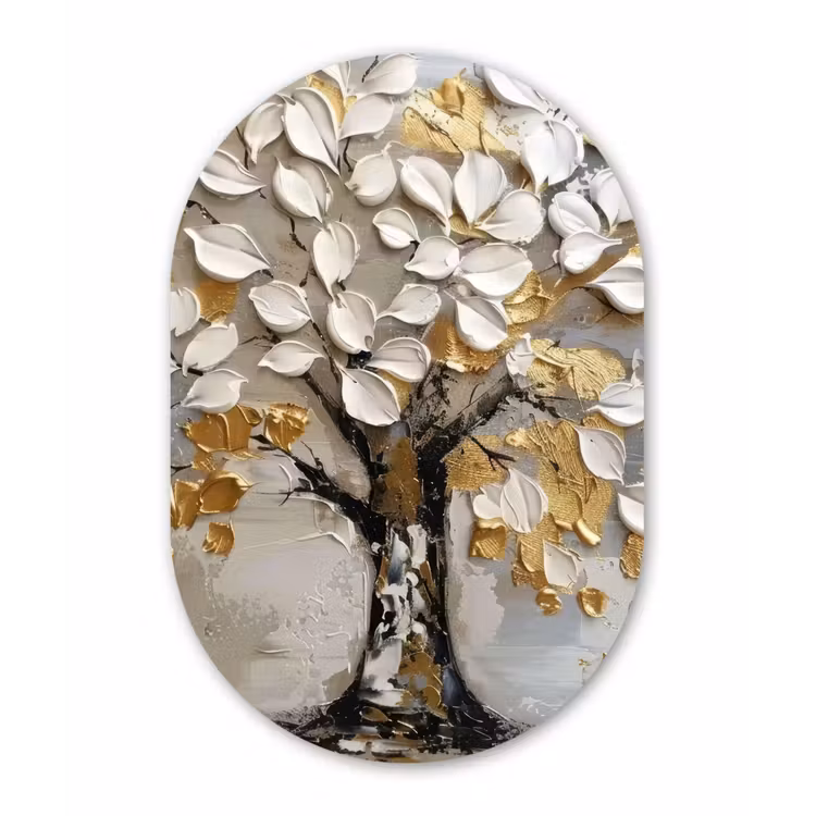 Boom - Beige - Grijs - Goud - Abstract Wandcirkel Ovaal Forex klein -3d