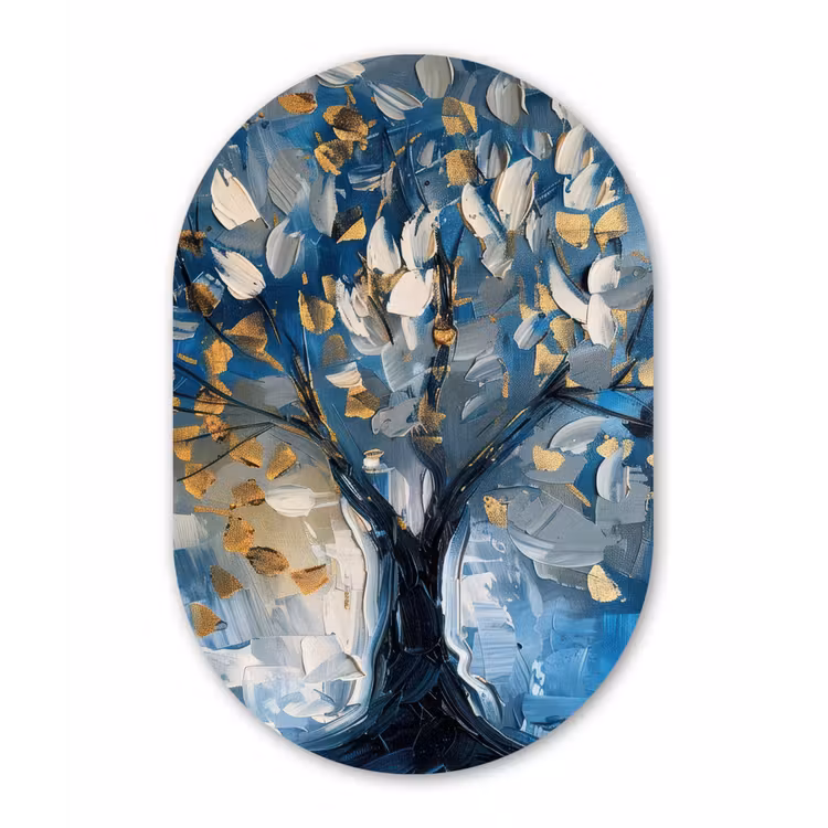 Boom - Blauw - Goud - Abstract Wandcirkel Ovaal Forex klein -3d