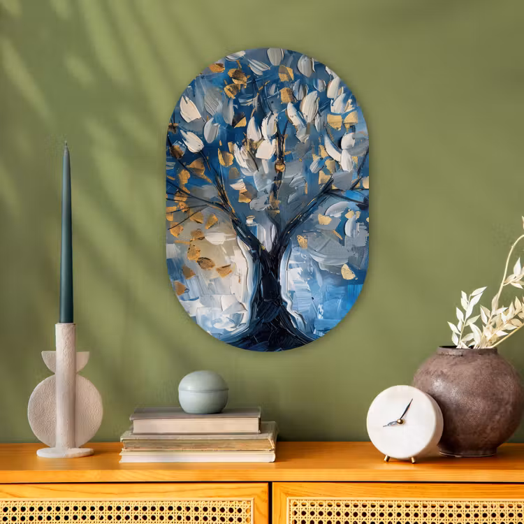 Boom - Blauw - Goud - Abstract Wandcirkel Ovaal Forex klein -sfeer2