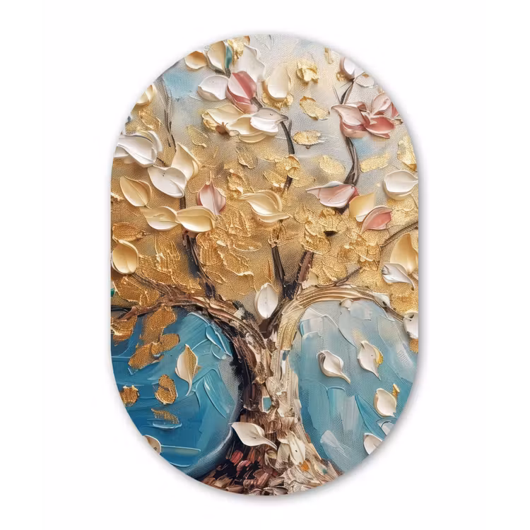 Boom - Blauw - Goud - Abstract - Modern Wandcirkel Ovaal Forex klein -3d