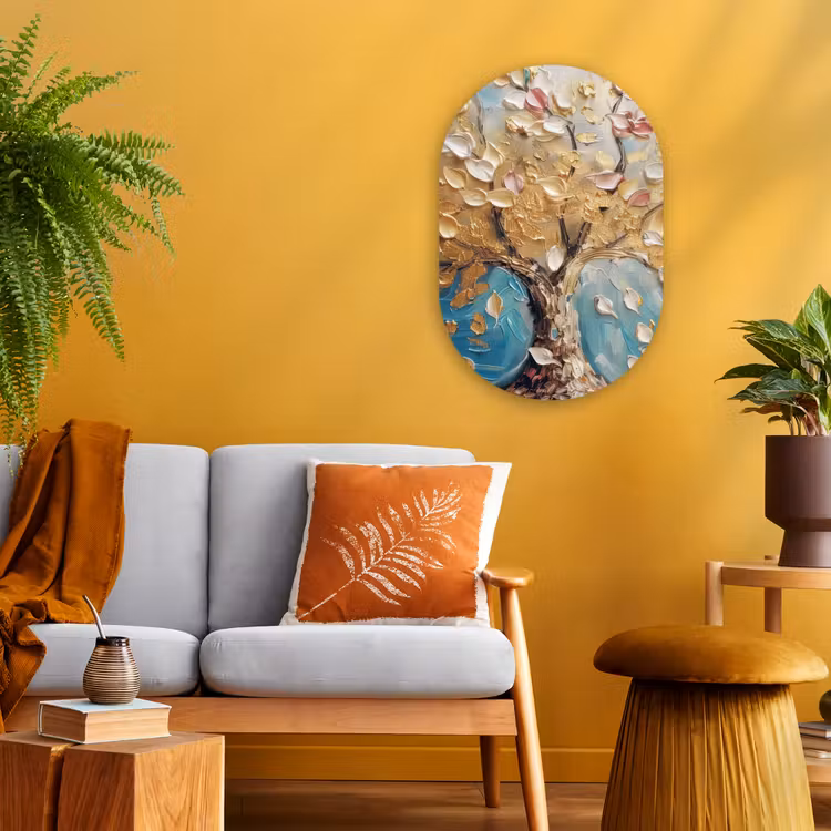Boom - Blauw - Goud - Abstract - Modern Wandcirkel Ovaal Forex klein -sfeer4