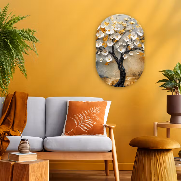 Boom - Bloemen - Goud - Beige Wandcirkel Ovaal Forex klein -sfeer4
