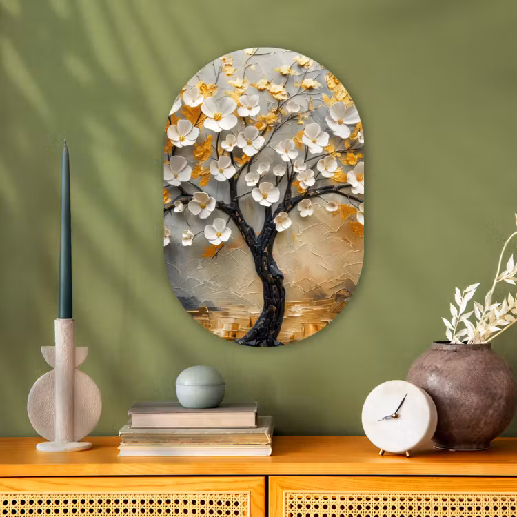 Boom - Bloemen - Goud - Beige Wandcirkel Ovaal Forex klein -sfeer2