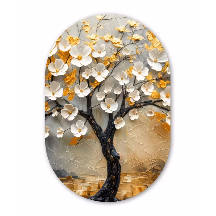 Boom - Bloemen - Goud - Beige Wandcirkel Ovaal Forex klein -3d