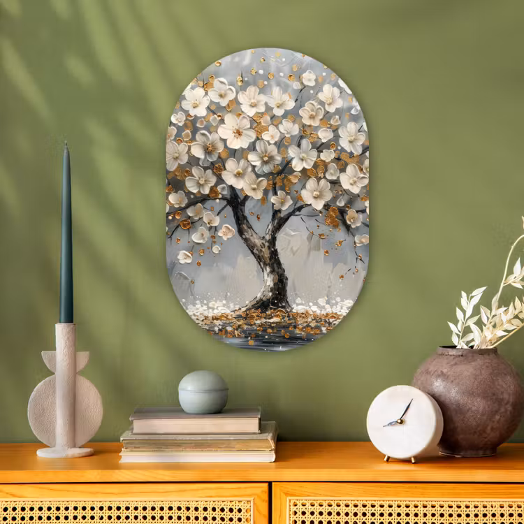 Boom - Bloemen - Wit - Natuur - Kunst Wandcirkel Ovaal Forex klein -sfeer2