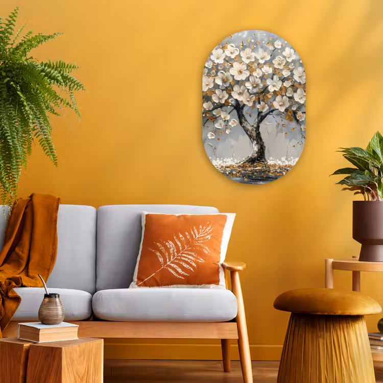Boom - Bloemen - Wit - Natuur - Kunst Wandcirkel Ovaal Forex klein -sfeer4