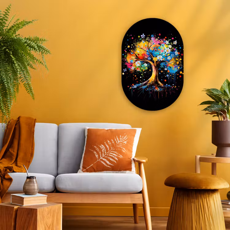 Boom - Kleurrijk - Bloemen - Zwart Wandcirkel Ovaal Forex klein -sfeer4