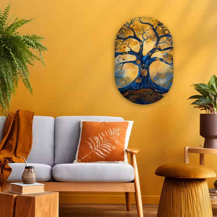 Boom - Levensboom - Blauw - Goud Wandcirkel Ovaal Forex klein -sfeer4