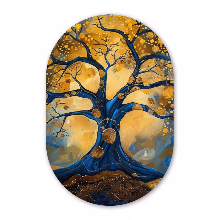 Boom - Levensboom - Blauw - Goud Wandcirkel Ovaal Forex klein -3d