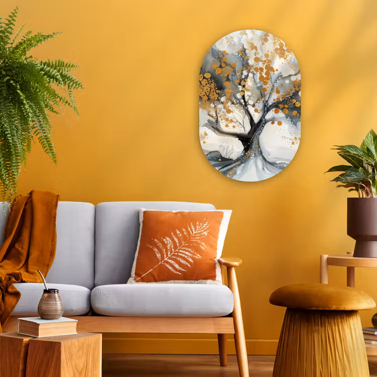 Boom - Modern - Abstract - Goud - Zwart - Wit Wandcirkel Ovaal Forex klein -sfeer4