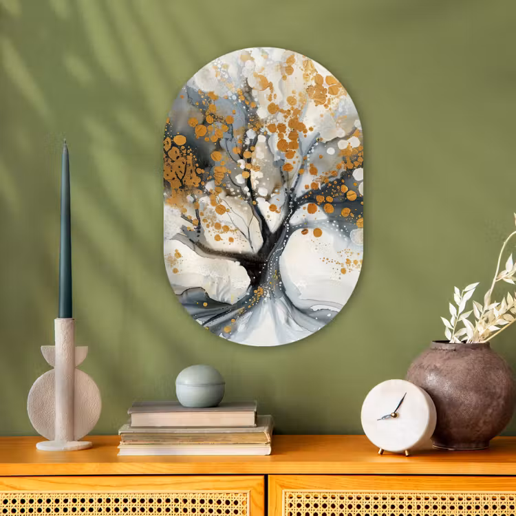 Boom - Modern - Abstract - Goud - Zwart - Wit Wandcirkel Ovaal Forex klein -sfeer2