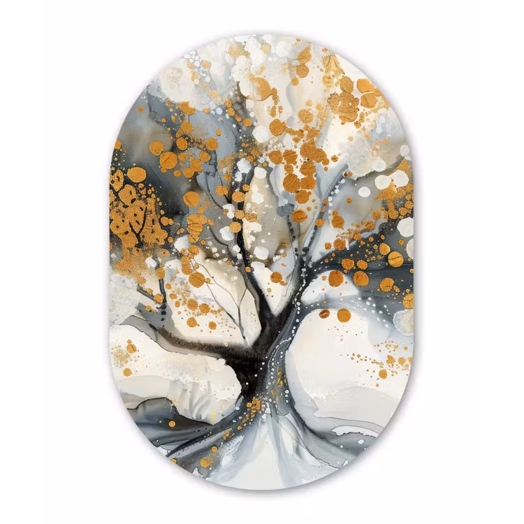 Boom - Modern - Abstract - Goud - Zwart - Wit Wandcirkel Ovaal Forex klein -3d