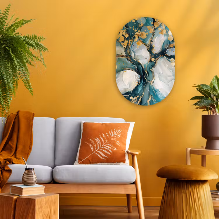 Boom - Modern - Verflook - Turquoise - Goud Wandcirkel Ovaal Forex klein -sfeer4