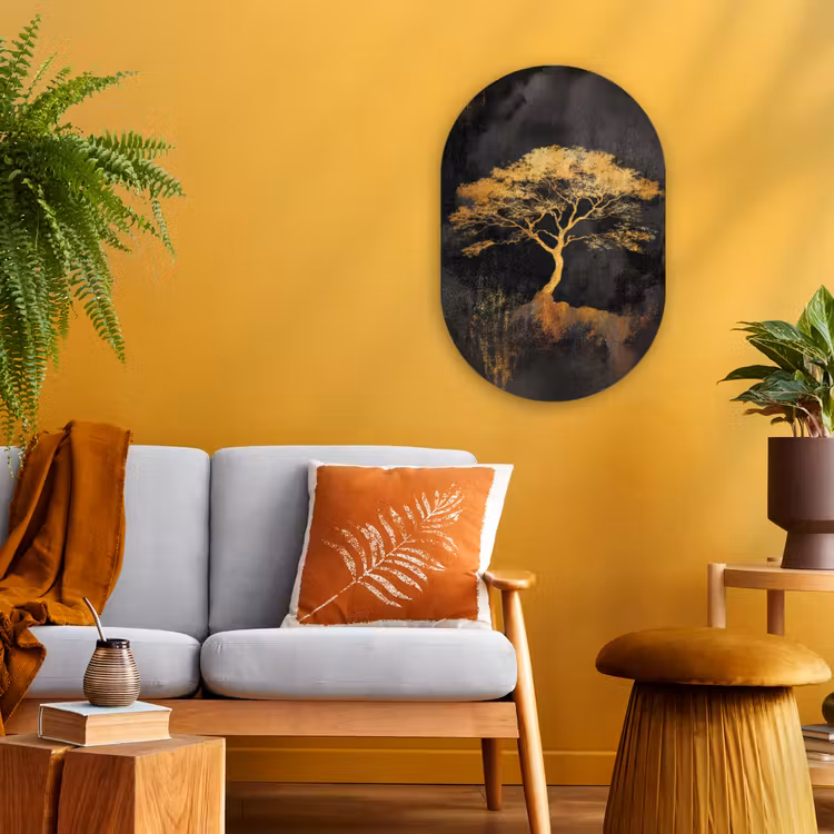 Boom - Schilderij - Goud - Abstract Wandcirkel Ovaal Forex klein -sfeer4