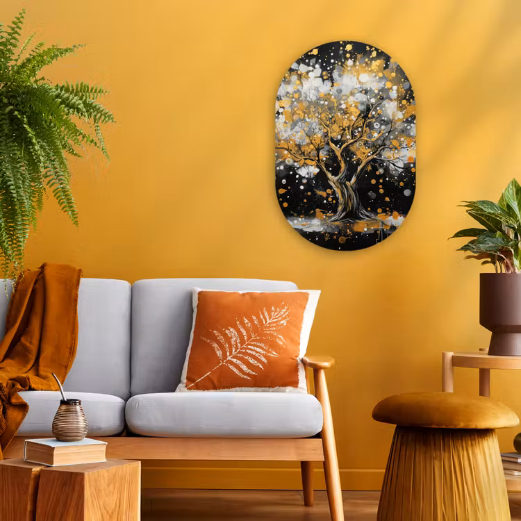 Boom - Zwart - Goud - Wit - Modern Wandcirkel Ovaal Forex klein -sfeer4