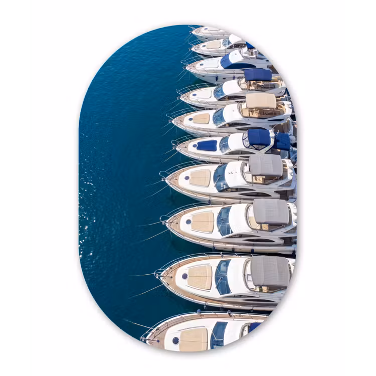 Boot - Jachthaven - Water - Zomer - Blauw Wandcirkel Ovaal Forex klein -3d