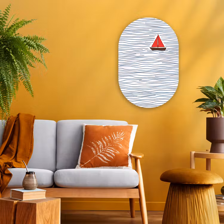Boot - Water - Rood - Illustratie - Minimalistisch Wandcirkel Ovaal Forex klein -sfeer4