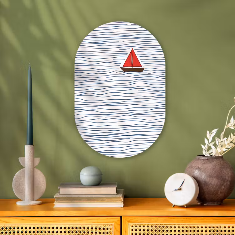 Boot - Water - Rood - Illustratie - Minimalistisch Wandcirkel Ovaal Forex klein -sfeer2