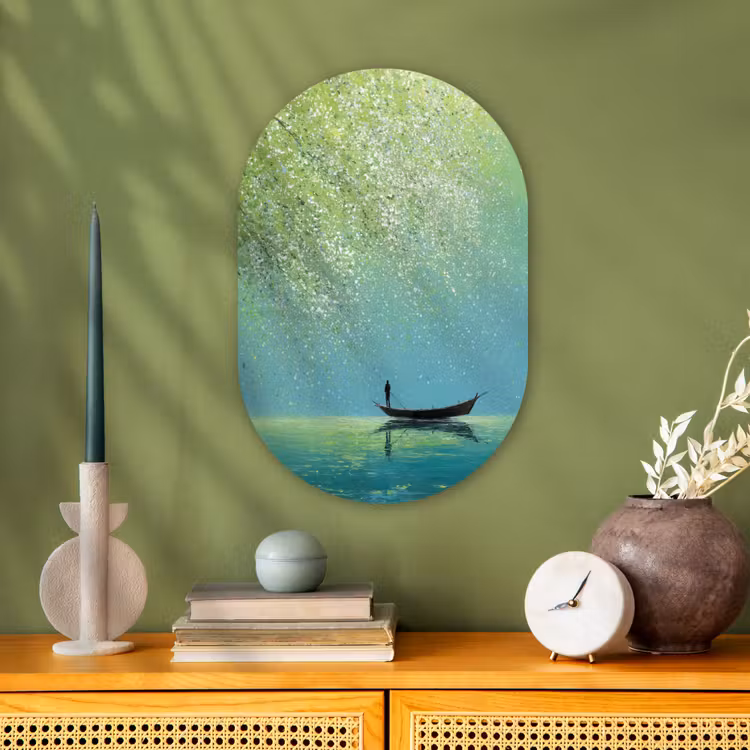 Bootje - Water - Bladeren - Bloesems Wandcirkel Ovaal Forex klein -sfeer2