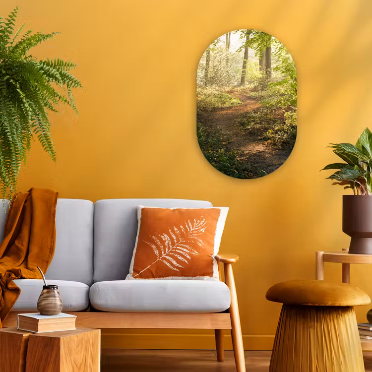 Bos - Bomen - Pad - Zon - Planten - Bladeren - Natuur Wandcirkel Ovaal Forex klein -sfeer4