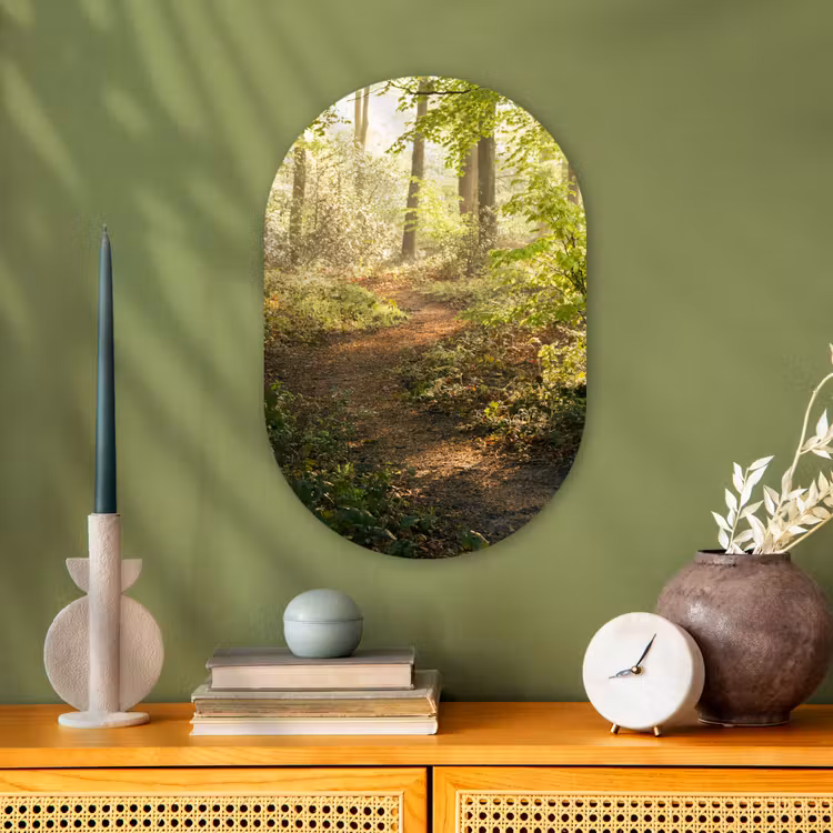 Bos - Bomen - Pad - Zon - Planten - Bladeren - Natuur Wandcirkel Ovaal Forex klein -sfeer2
