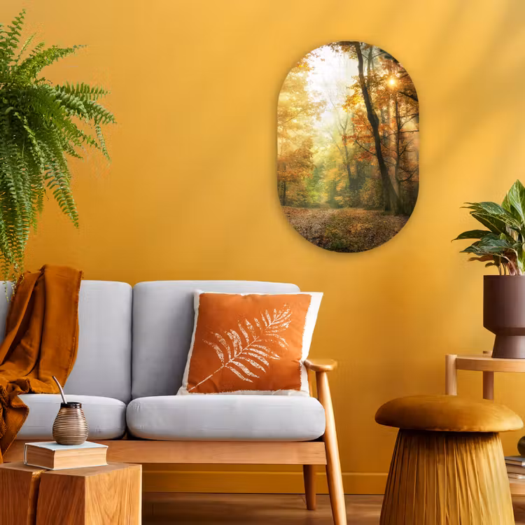 Bos - Herfst - Zon - Landschap - Natuur - Bomen - Bladeren Wandcirkel Ovaal Forex klein -sfeer4