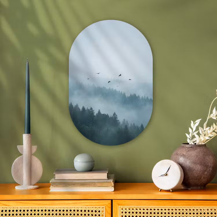Bos - Mist - Vogels - Natuur - Groen Wandcirkel Ovaal Forex klein -sfeer2