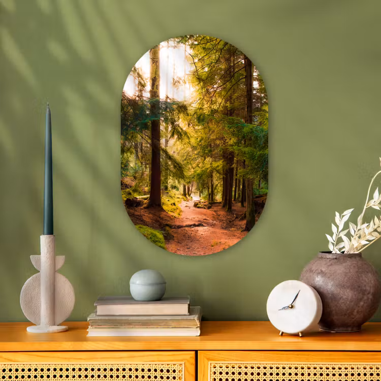 Bos - Pad - Bomen - Groen - Zon - Natuur Wandcirkel Ovaal Forex klein -sfeer2