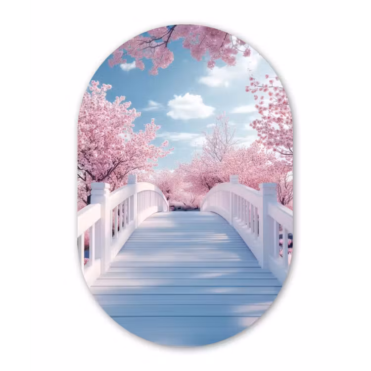Brug - Kersenbomen - Wit Wandcirkel Ovaal Forex klein -3d