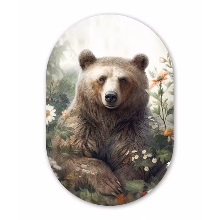 Bruine beer - Wilde dieren - Bloemen - Planten Wandcirkel Ovaal Forex klein -3d