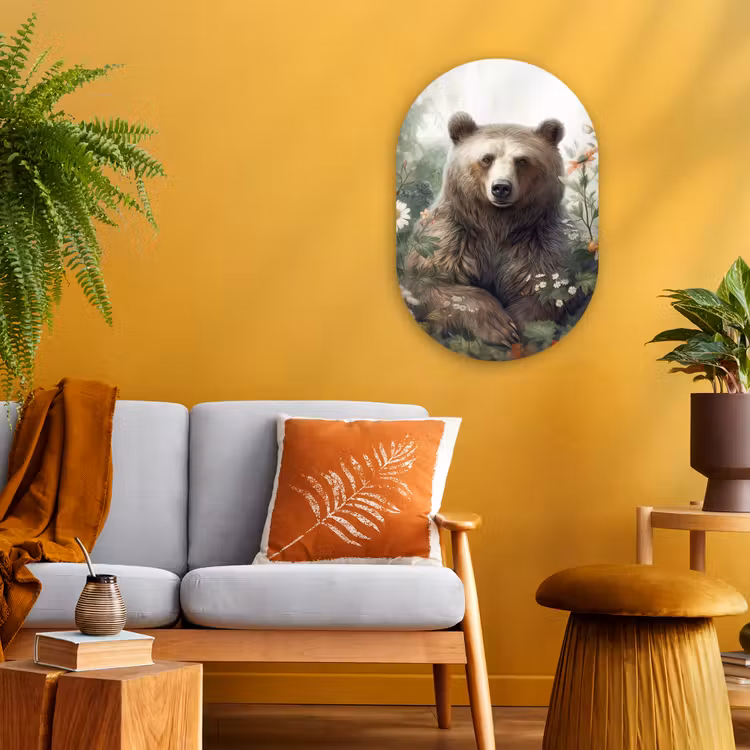 Bruine beer - Wilde dieren - Bloemen - Planten Wandcirkel Ovaal Forex klein -sfeer4