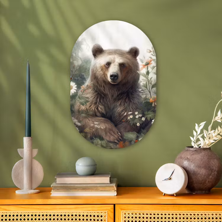 Bruine beer - Wilde dieren - Bloemen - Planten Wandcirkel Ovaal Forex klein -sfeer2