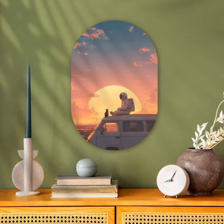 Busje - Kat - Zonsondergang - Oranje Wandcirkel Ovaal Forex klein -sfeer2