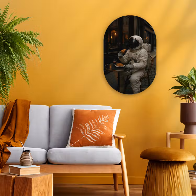 Café - Croissant - Koffie - Astronaut Wandcirkel Ovaal Forex klein -sfeer4