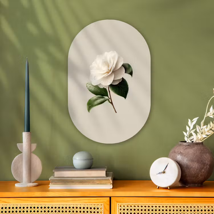 Cameliabloem - Wit - Groen Wandcirkel Ovaal Forex klein -sfeer2