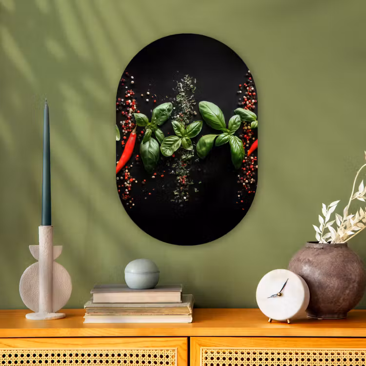 Chilipepers - Basilicum - Blaadjes - Rood Wandcirkel Ovaal Forex klein -sfeer2