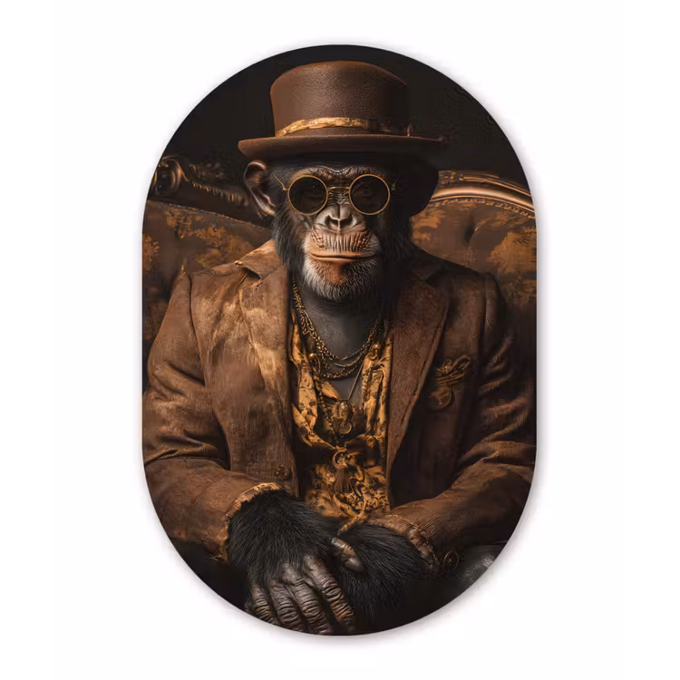 Chimpansee - Stoel - Pak - Bruin Wandcirkel Ovaal Forex klein -3d