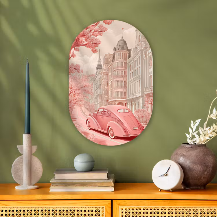 City - Car - Pink Wandcirkel Ovaal Forex klein -sfeer2